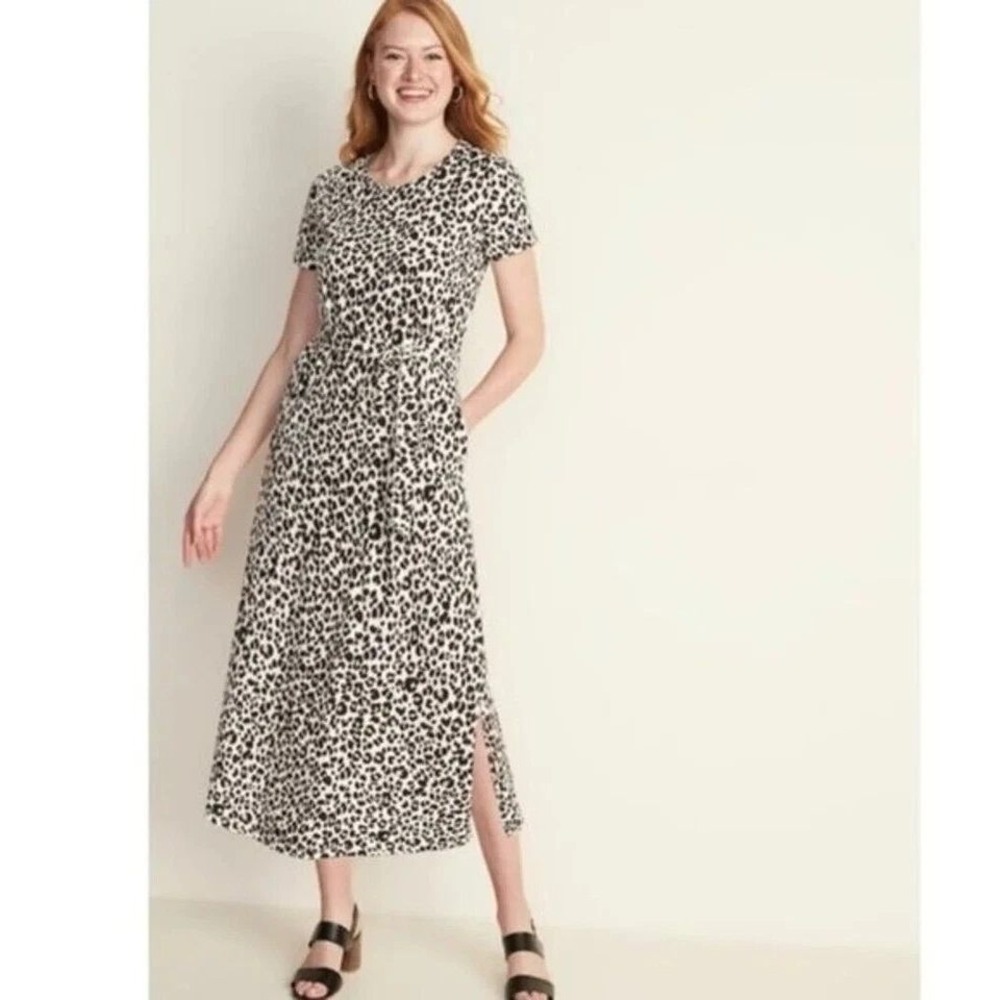 Old Navy Maxi Shirt Dress Womens Large Tan Leopard Tie Waist Cotton Short Sleeve